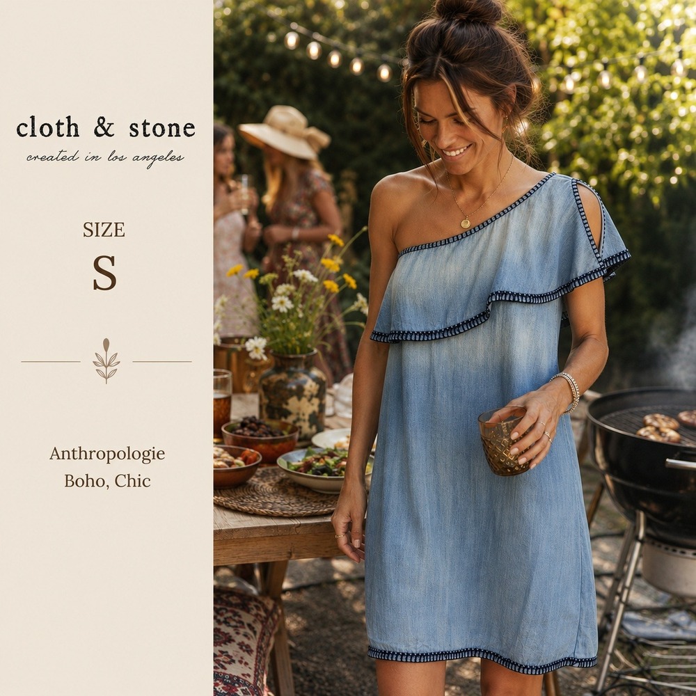 Cloth & Stone Chambray One Shoulder Dress Ruffle Women S Blue Shift Boho Coastal